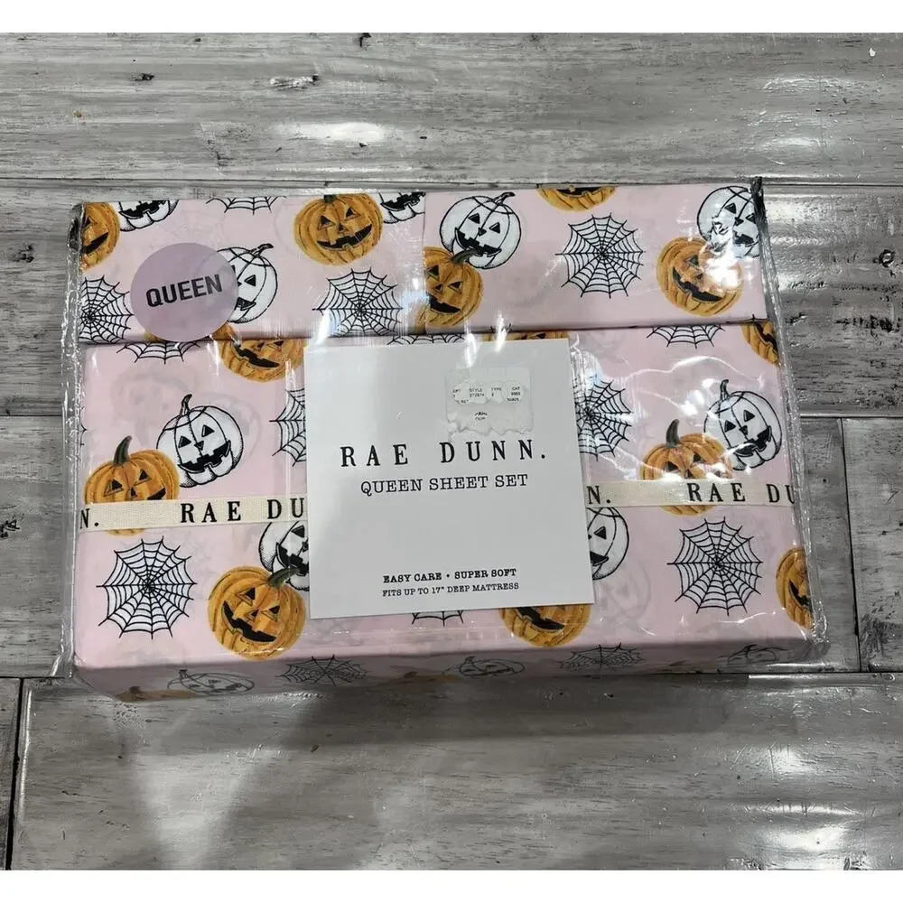 Rae Dunn Halloween Queen Sheet Set Pink With Jack O Lanterns Festive Spooky New